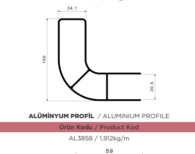 ALUMINYUM PROFIL BISIKLETLIK BASLIGI OVAL 1 MT ( 1,912 KG ) 100 X 100 X 300 MM